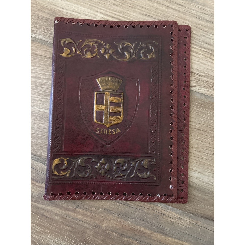Medieval Coat Of Arms Embossed Leather Book Cover Stresa Italy Brown Vintage